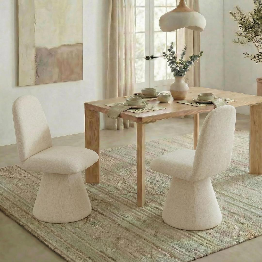 KISLOT Swivel Dining Chairs Set of 2, Modern Upholstered Dining Chair Mid Century Kitchen Chairs with Wave Shaped High Back, 360 Degree Rotating Vanity Chair for Dining Room, Bedroom, Farmhouse, Sand