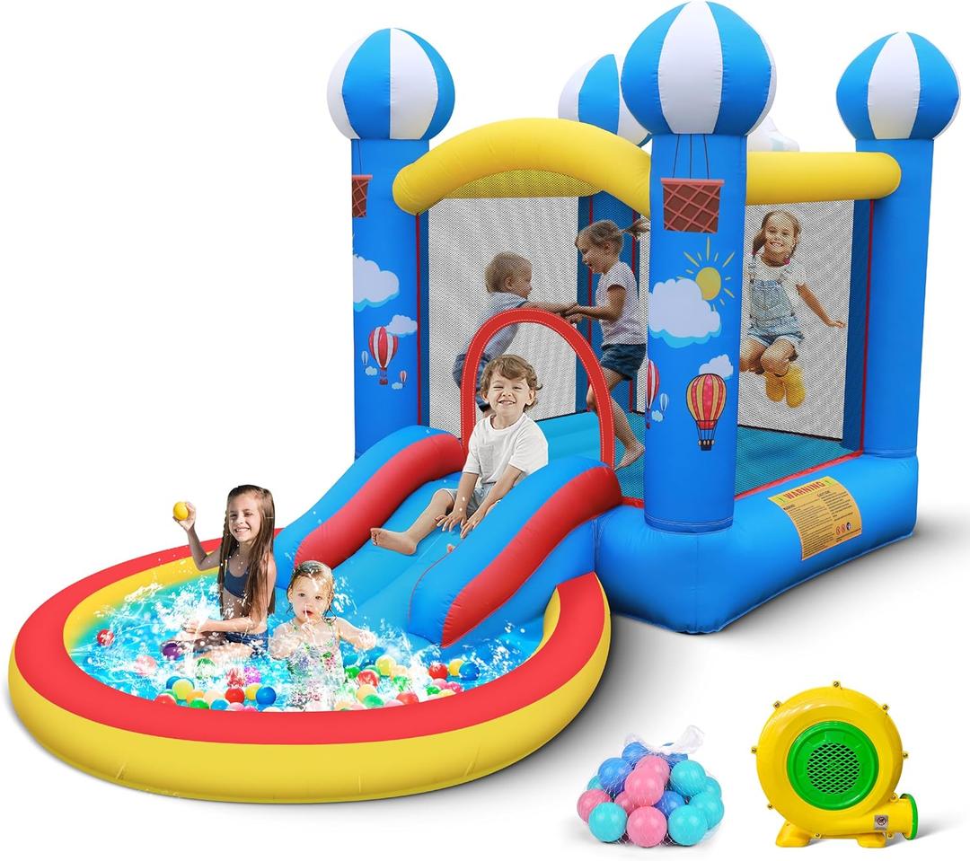 Culaluva Inflatable Bounce House: 4 in 1 Bouncy Castle with Ball Pit & Slide for Kids Age 3-6 with 370 Watt Blower and Storage Bag for Indoor Outdoor Play Oxford Cloth