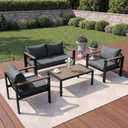 Patio Furniture Set 4 Seats and Coffee Table, Patio Conversation Set with Washable Thick Cushions, Deluxe Aluminum Modern Outside Sectional for Porch, Balcony, Deck, Yard, Light Gray