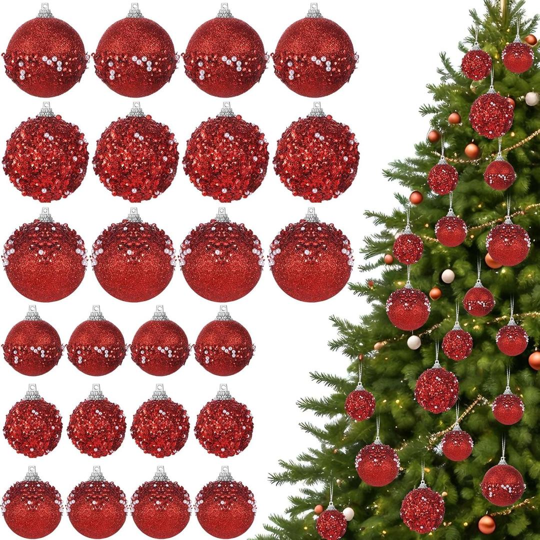 Poen 24 Pcs Glitter Christmas Ball Ornaments Set Christmas Tree Ornaments Hanging Sequin Foam Xmas Balls Decoration for Xmas Tree Wreath Garland Home Decor Wedding Party(Red)