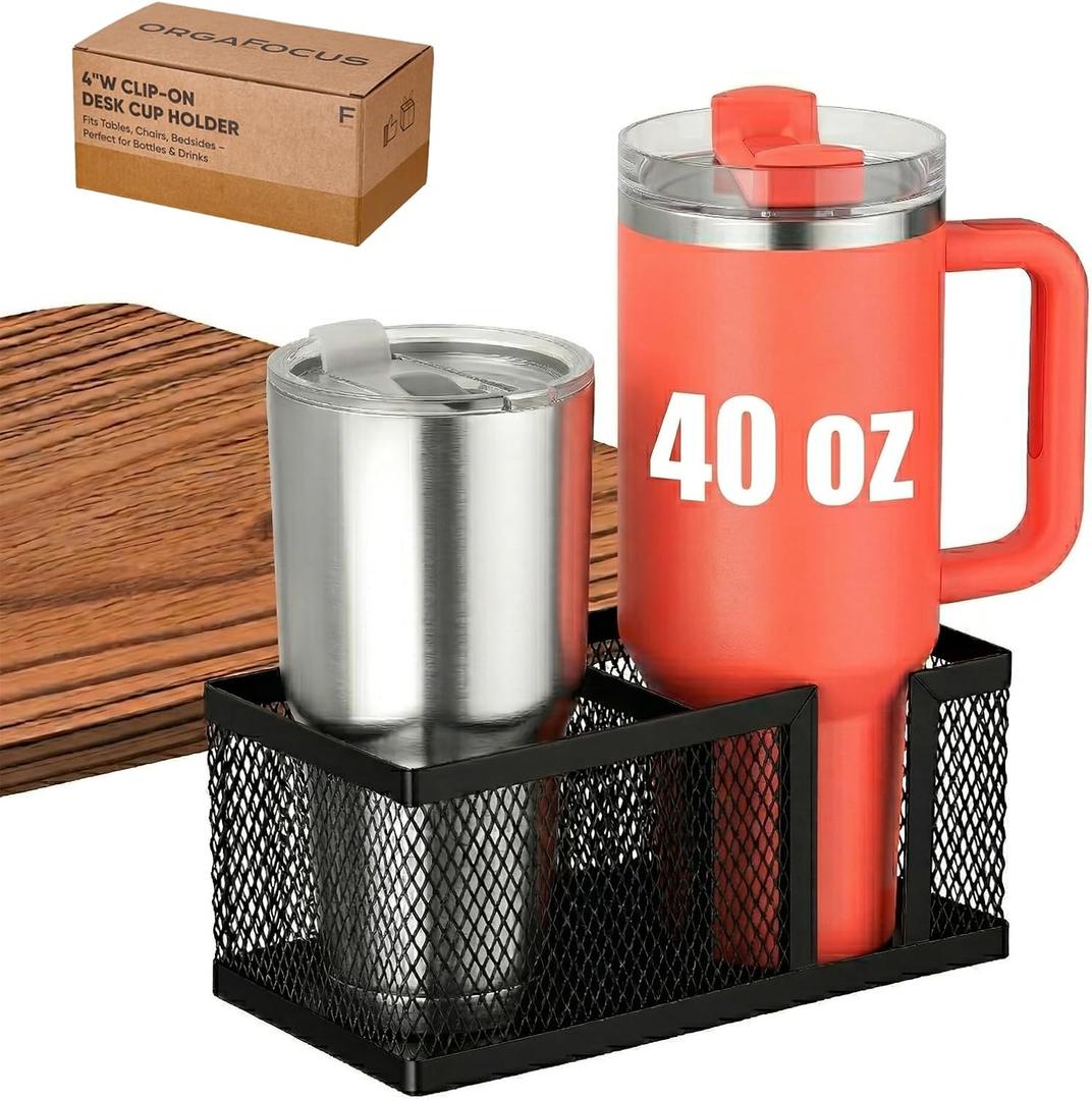 Dual Slots Clip On Metal Desk Cup Holder, Fits up to 40oz cups  No Spill Clamp for Table, Bed, Chair  Large Adjustable Drink Holder for Yeti, Hydro Flask, Starbuck  Mountable Cup Attachment - Black