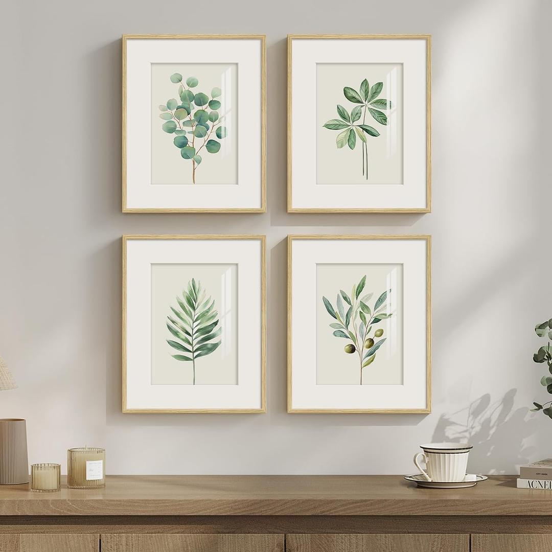 Framed Sage Green Botanical Wall for Kitchen, 4 Piece Minimalist Modern Farmhouse Plant Artwork for Walls, Boho Green Leaf Picture Prints for Kitchen Bathroom Bedroom Living Room Decor, 8x10 Inch, 8" W x 10" H x 4 pcs