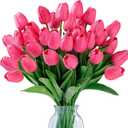 Sggvecsy 30 Pcs Fake Tulips Artificial Flowers Real Touch PU Faux Flowers Tulip Stems for Wedding Spring Bouquet Floral Arrangement Home Party Office Decorations for Mother's Day (Dark Pink)