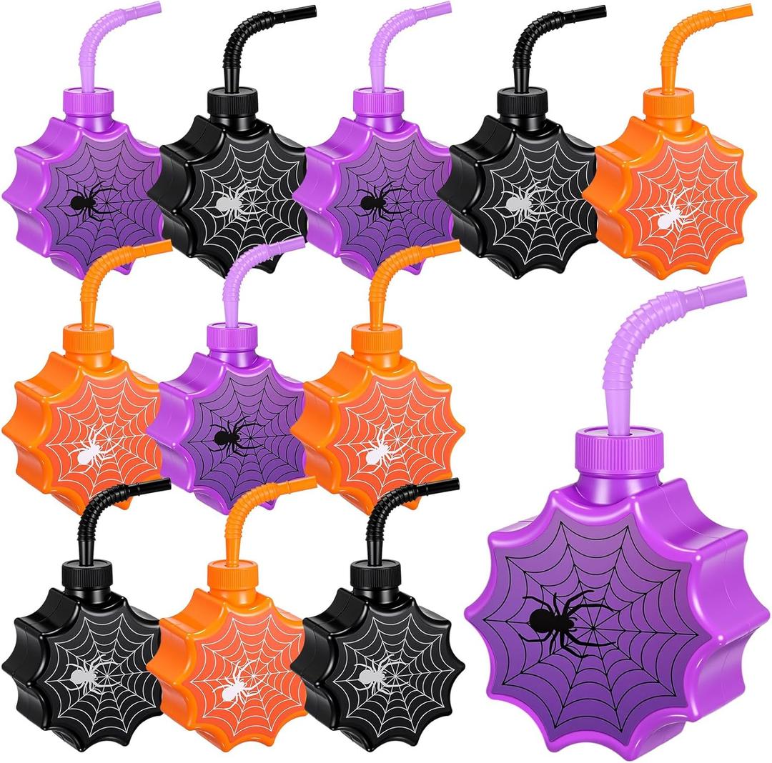 Tanlade 12 Set Halloween Spider Cups with Straws 10 oz Plastic Spider Birthday Party Favor Cup Spiderweb Party Decoration Supplies for Son Daughter Kids Trick or Treat Halloween (Black,Purple,Orange)