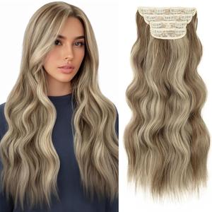 KooKaStyle Clip in Synthetic Hair Extensions Long Wavy 4PCS Thick Hairpieces Ash Blonde Balayage Fiber Double Weft Natural Hair Extensions 20 Inch for Women