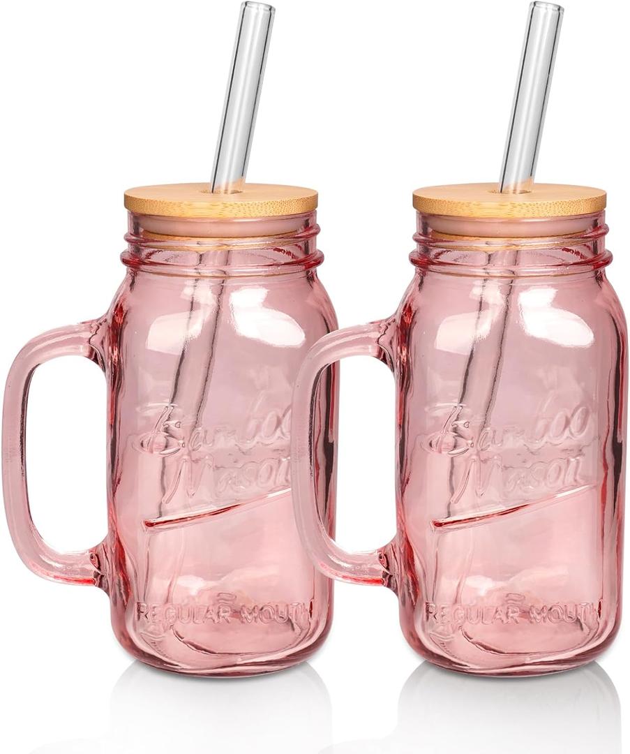 ANOITON Tumbler with Handle and Straw, 24 oz Pink Mason Jars with Handles Drinking Glasses Pink Glassware Colored Glass Cups with Lids and Straws Gifts for Women Birthday Gifts for Women