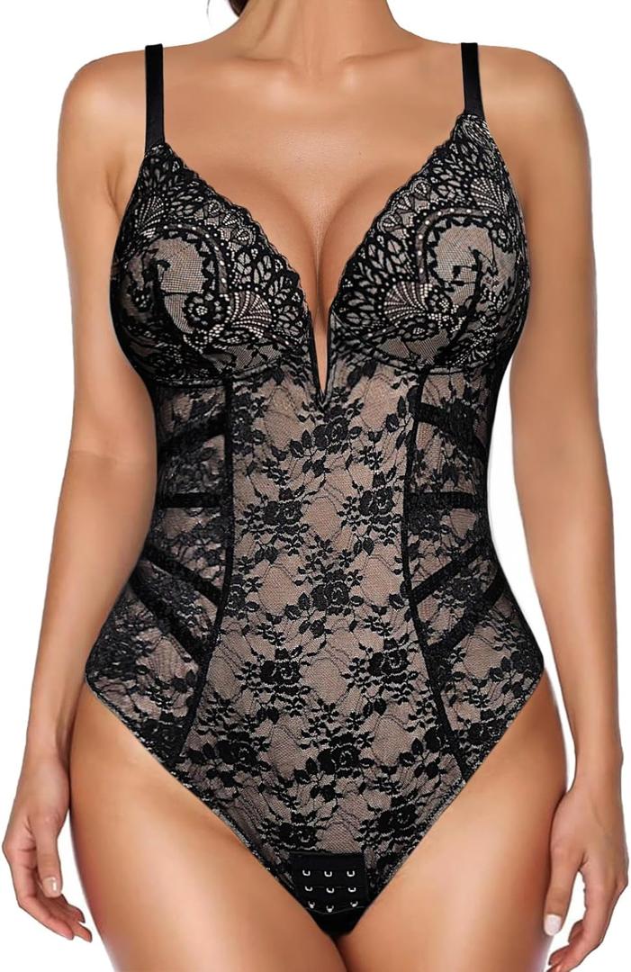 Popilush Lace Body Suits Women Tummy Control Shapewear Bodysuit Deep V Neck Backless Corset Tops Thong Body Shaper (X-Large, Black)