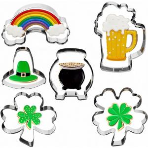 St. Patrick's Day Cookie Cutter Set - 6 pcs Stainless Steel Shamrock Cookie Cutter, 4 Leaf Clover, Top Hat, Pot of Gold, Beer Mug, for Used for baking and making cookies, breads and sandwiches