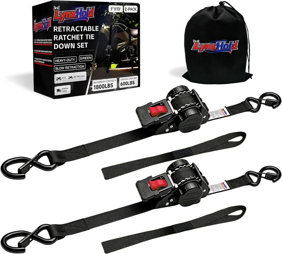 Retractable Ratchet Straps (2-Pack) - Heavy Duty Auto Slow Retraction Tie Down Straps - 1 Inch x 13 Feet (1,800lb Break Strength) for Truck, Cargo Trailer, Motorcycle, ATV, UTV - Black