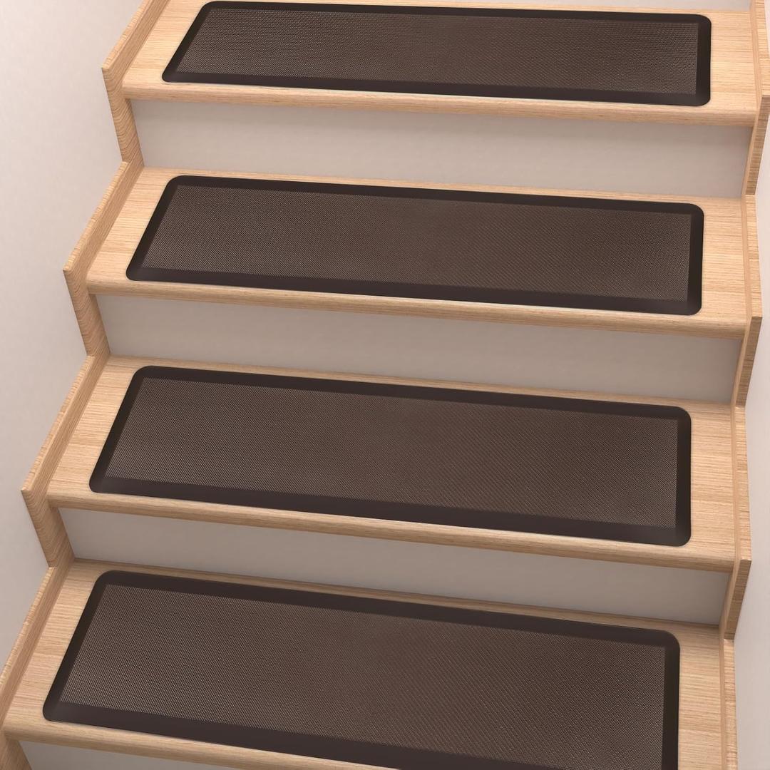 PURE ERA Cushioned Stair Mat, 8 x 30 Inch Non-Slip Stair Treads, Staircase Step Treads Foam Stair Pads, Tape Free Durable Stair Treads for Wooden Steps Washable, Easy to Clean (2 Pieces, Brown)