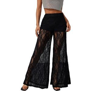 OYOANGLE Women's Lace Sheer Elastic Waist Wide Leg Pants See Through Long Trousers Party Clubwear (Large, Black)