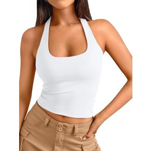 Trendy Queen Halter Tops for Women 2025 Summer Going Out Tops Backless Crop Sleeveless Workout Shirts Cute Y2k Clothes (Medium, White)