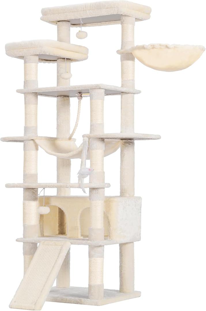 Heybly Tall Cat Tree, 78-inch Multi-Level Cat Tower for Indoor Cats, 2 Widened Plush Perches Cat Condo with Scratching Board and Big Caves, Beige HCT033M