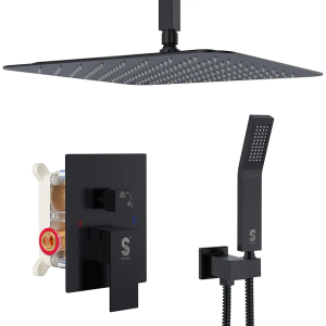 SR SUN RISE 12 Inch Ceiling Mount Matte Black Shower System Bathroom Luxury Rain Mixer Shower Combo Set Ceiling Rainfall Shower Head System Faucet Trim Repair Kits Rough-in Valve and Trim Included