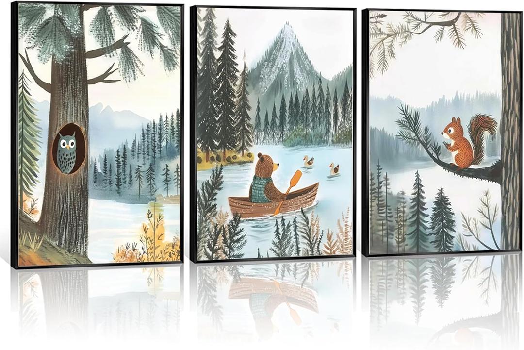 3 pcs Woodland Animal Nursery Wall Art Whimsical Kids wall decoration pictures Bear Owl Squirrel Illustrations Posters Prints for Playroom Toddler Bedroom Home Decor Unframed (12x16in poster)