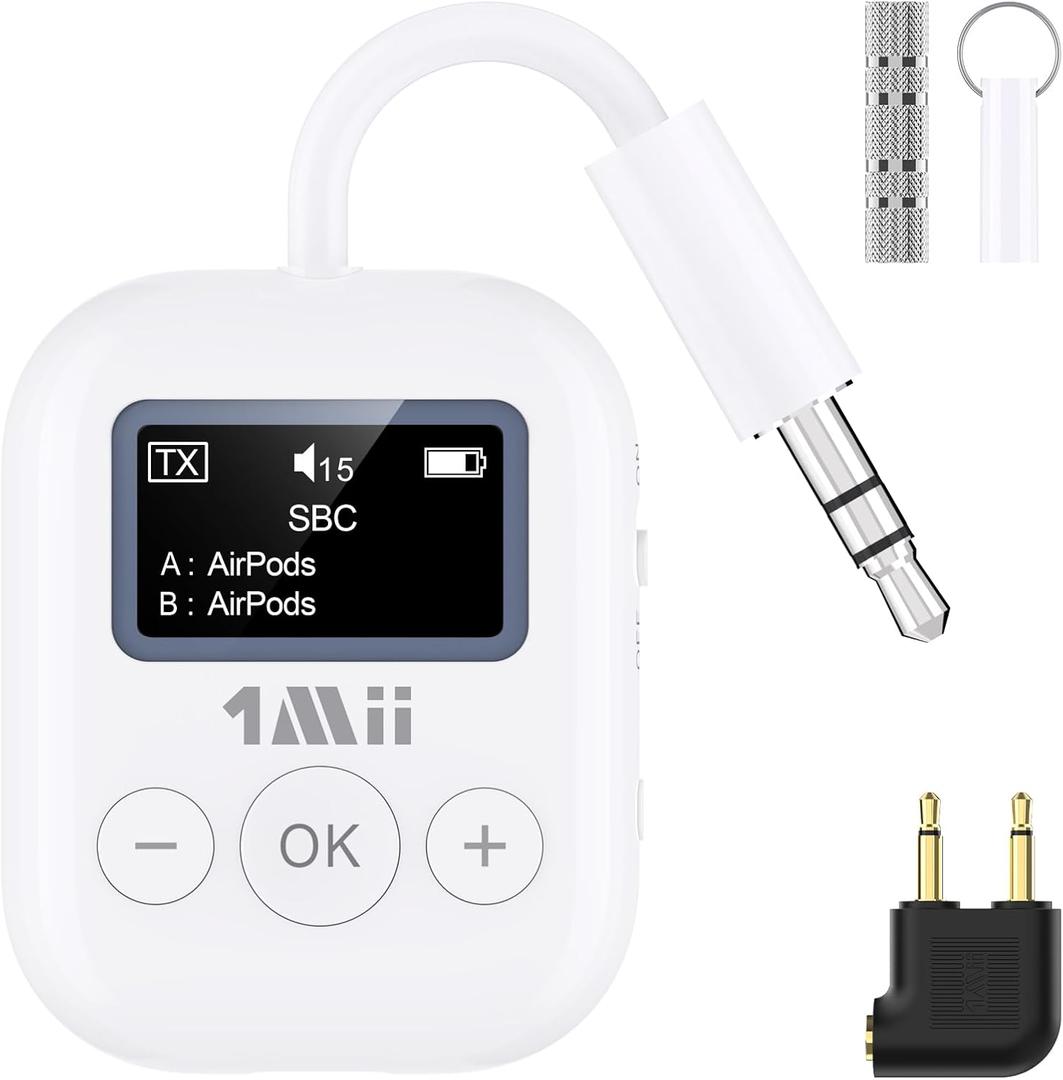 1Mii Airplane Bluetooth 5.3 Transmitter for All Headphones - Bluetooth Adapter for TV - Dual Connection - aptX Low Latency - Flying Travel, Wireless Audio Aux for MP3,Game,PC-White