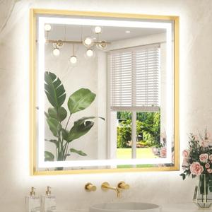 TETOTE Led Bathroom Mirror 36 x 36 with Brushed Gold Frame Anti-Fog Frontlit & Backlit Vanity Mirror Stepless Dimmable Lighted Mirrors for Bathroom Wall 3 Colors White/Warm/Natural Wall-Mounted