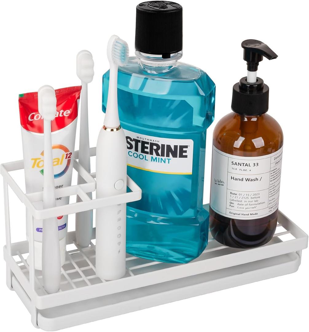 Toothbrush Holders for Bathrooms, Carbon Steel Tooth Brushing Holder Electric Toothbrush and Toothpaste Organizer Bathroom Accessories for Countertop, Shower, Sink - White (Small)