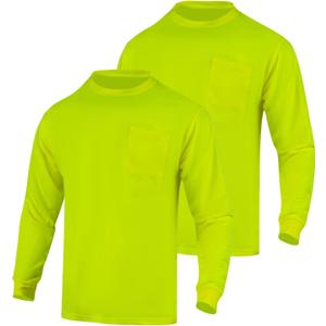 High Vis Long Sleeve Safety Work Shirts for Men,Hi Vis Fluorescent Construction Workwear Tee,2 Pack (XXL)