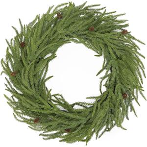 Artificial Christmas Wreath for Front Door - 24 Inch Norfolk Pine Winter Wreaths with Pine Cones Faux Greenery for Wall Window Porch Farmhouse Home Holiday Indoor Outdoor Modern Decor