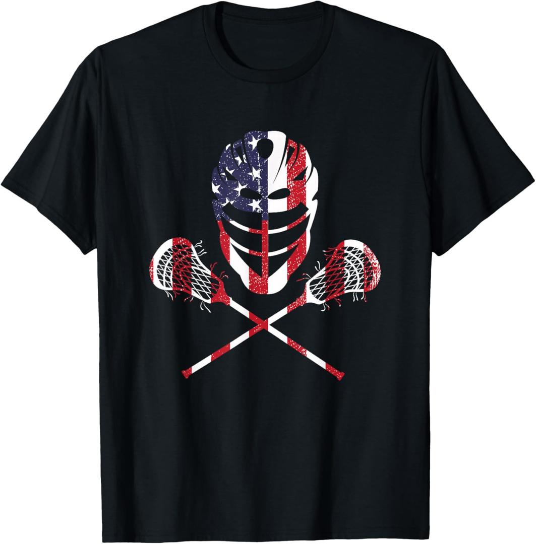 Lacrosse American Flag Lax Helmet Sticks 4th of July T-Shirt, S