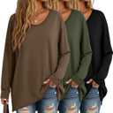 3 Pack Women's Oversize Tops, Long Sleeve Cotton Shirts V Neck Basic Unfinished Edge Tees Casual Loose Fall Tops (Medium, Black, Brown, Army Green)