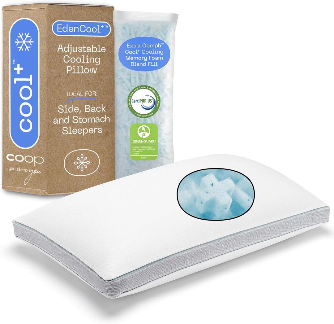 Coop Home Goods Cool+ Adjustable Pillow, Queen Size Plus Shaped Memory Foam Pillows with Cooling Gel, Back, Stomach or Side Sleeper, Neck Support for Sleeping, CertiPUR-US/GREENGUARD Gold (Standard)