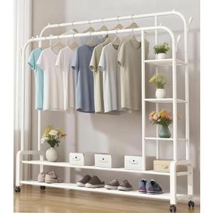 Multi-Functional Double Rods Clothes Rack Metal Garment Rack with Rolling Wheels and 2-Tier Shoe Storage Shelf 3 Side Compartments & 4 Hooks for Clothes Shoes Bags Organization (120cm White)