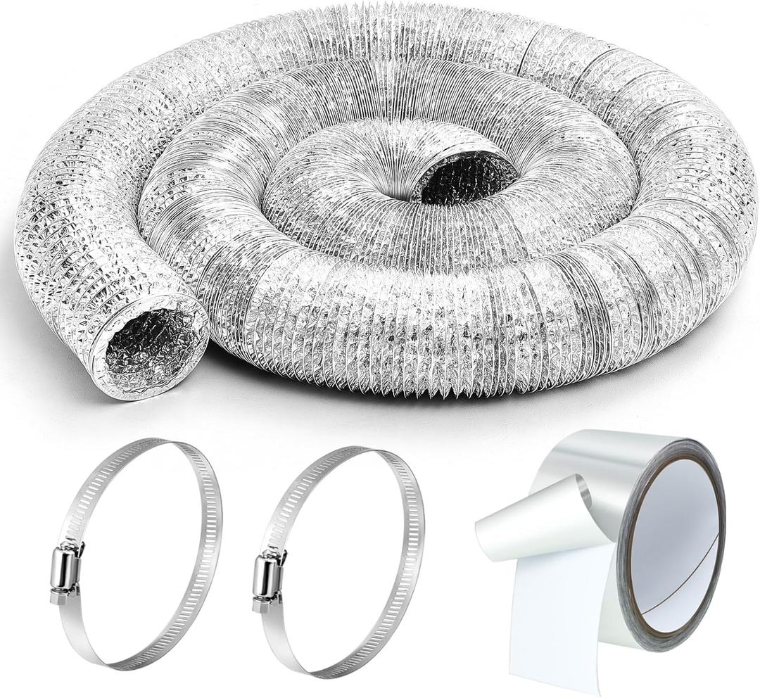 Zonon Dryer Vent Hose 3 Inch X 25 Feet Flexible Aluminum Foil Ducting Non Insulated with Stainless Steel Clamps and Aluminum Tape for Pipe, HVAC Heating Cooling Ventilation and Exhaust(Silver)