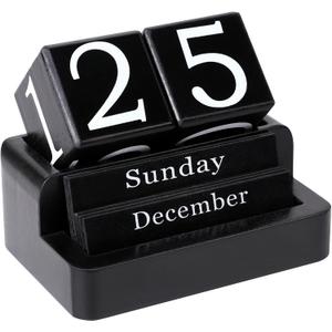 Wooden Block Calendar for Desk, Daily Desktop Perpetual Desk Calendar, Modern Farmhouse Aesthetic Desk Accessories for Home Office Decor, Teacher, Classroom, Reusable Yearly, Black