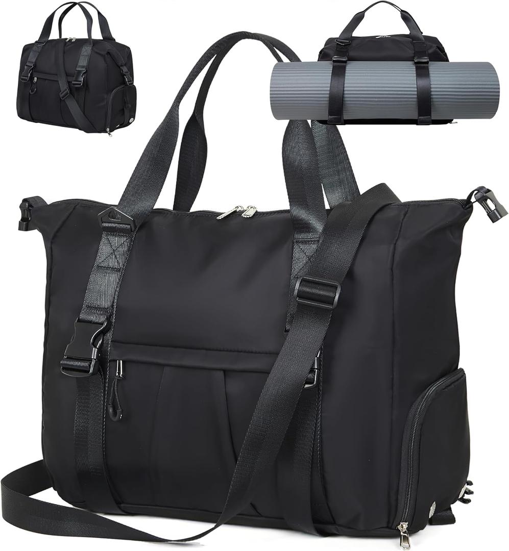 Gym Bag with Yoga Mat Holders, Carry On for Pilates Women & Men with Laptop & Shoe Compartment Large Duffle Travel Weekender Tote with Key Ring Clip Personal Item Workout, Easy to Clean - Black