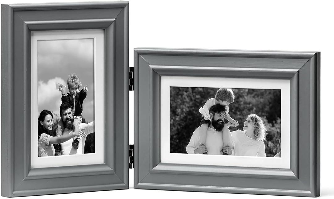 4x6 Double Picture Frame Vertical Horizontal Hinged Pine Wood Folding Photo Frame with Real Glass, Combo Display 4x6 Photos Matted to 3x5, Free-Standing Desk Tabletop or Wall Decor, Gray