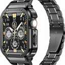 MioHHR Stainless Steel Watch Band with Case Compatible with Apple Watch Series 6 5 4 SE3/ 2/ 1(44mm) Series 3/ 2/ 1(42mm), Rugged Strap with Metal Protective Bumper Cover for iWatch Band Men(Black)