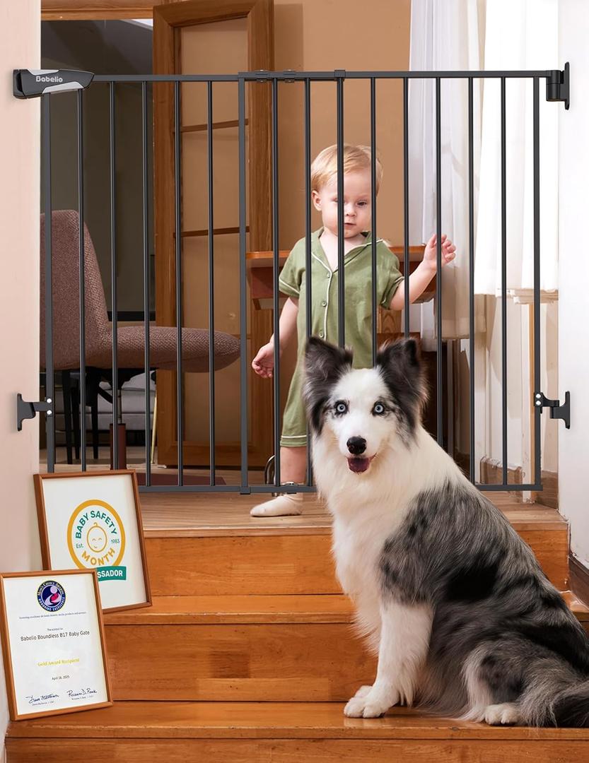 Babelio Baby Gate for Stairs, Kitchen & Doorways, No Bottom Bar| Easy Installation| One-Handed Operation| Auto-Close| Hardware Mount (Drill Needed) Safety Dog Gate (Black - B17, 34" H, 29-49" W-Wide)