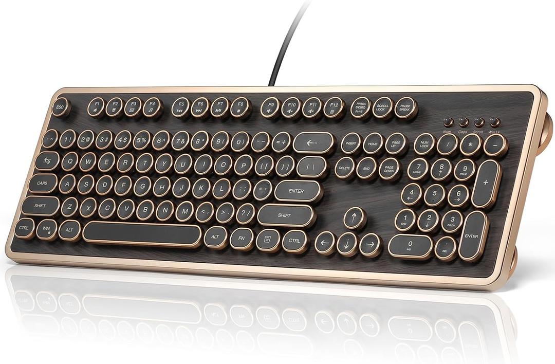 GLENCREAG RK104 Retro Mechanical Keyboard, Wired Full-Size 104 Keys with Typewriter Round Keycaps, Wooden Grain, N-Key Rollover, Green Linear Switches, Ideal for Retro Lovers