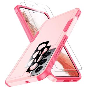 SPIDERCASE for Samsung Galaxy S22 Case, [10 FT Military Grade Drop Protection],2 Pack [Tempered Glass Screen Protector+Camera Lens Protector] Heavy Duty Shockproof Case, Pink