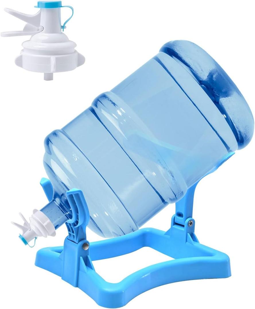 3-5 Gallon Water Jug Holder,Folding Portable Water Dispenser Stand,Non-Slip Countertop,2 Reusable Dispenser Valves Fit 55MM Crown Top Water Bottles,Fast Flow Water Spout Fits Home,Office,Party,Camping