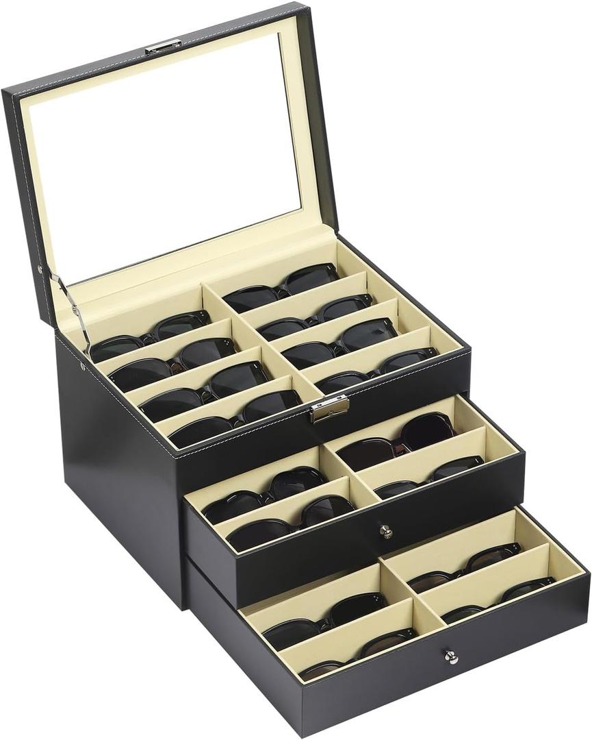 AUTOARK Leather 24 Piece Eyeglasses Storage and Sunglass Glasses Display Drawer Lockable Case Organizer, Black, AW-095