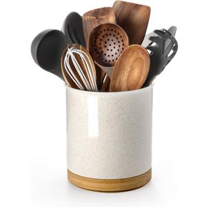Nucookery 360Rotating Utensil Holder, 7.2" Large Utensil Crock, Ceramic Cooking Utensil Organizer with Countertop-Protection Cork Bottom for Farmhouse Kitchen Decor Christmas Thanksgiving Gift (Sand)