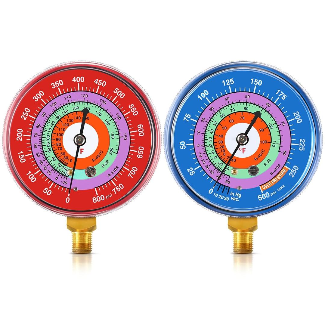 Relaxweex Refrigeration Pressure Gauge Kit R-134a, R-404a, R-2092, R-410a R-134a 0-800psi 1/8" Npt Lower Mount 30inhg-0-250psi, 250-500psi & 0-800psi Degree F Blue Dial & Red Dial (70mm(2-3/4" Dial))