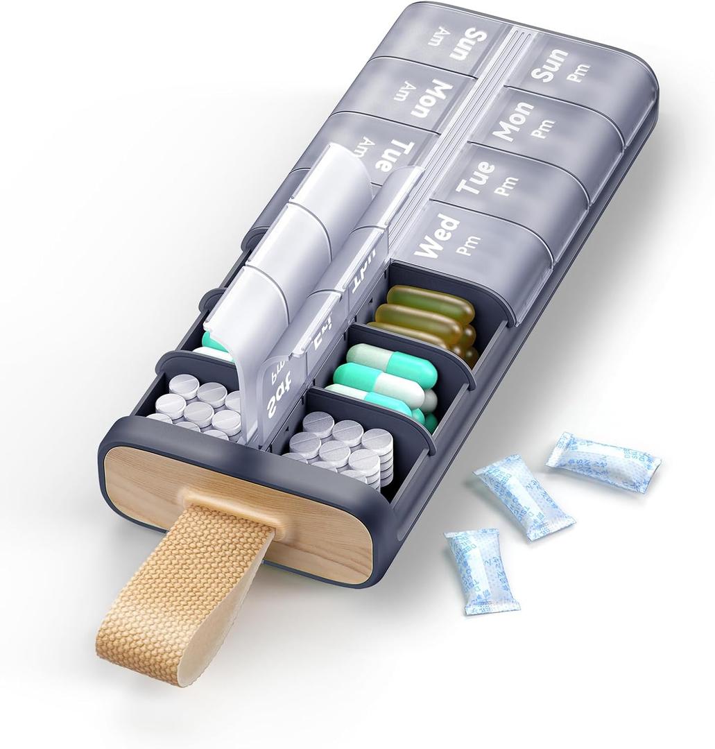 AM PM Pill Organizer 7 Day, 2 Times a Day Weekly Pill Box with Moisture-Proof Desiccant, Compact Easy-Open Medicine Case for Vitamins, Supplement