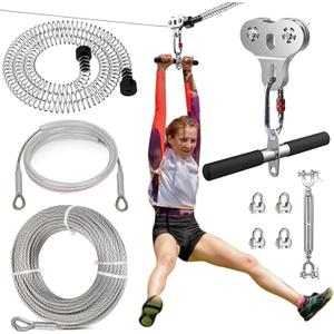 Fologtoo Zip Lines for Kids and Adults Outdoor Up to 500 Lbs, 304 Stainless Steel 150FT Zipline Kits for Backyard with Thickened 1/4" Wire Rope, Removable Pulley, Outdoor Playground Equipment