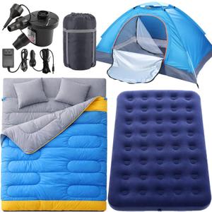 4 Pcs Camping Tent Set Include 1-2 Person Tent, Sleeping Bag, Air Mattress and 110v Ac/12v Electric Air Pump with 3 Nozzles Easy Set up Shelter with Rain Fly and Carrying Bag for Outdoor, Air mattress size: about 75 × 54"