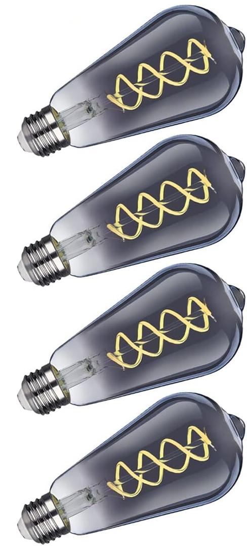 Kiraralite ST19(ST58) LED Smoky Grey Glass Edison Bulb, Vintage, Daylight 5000K, Antique Flexible Spiral LED Filament Light Bulb, Dimmable, 300LM, 4.5W Equivalent to 40W, E26 Base, 4 pack