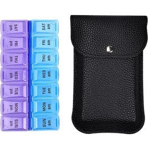 VOFOON Travel Pill Organizer 2 Times a Day, Large AM PM Pill Organizer 7 Day, PU Leather Daily Pill Box Case, Weekly Pill Medicine Organizer for Vitamins Medicine Fish Oils Supplements (L Size)