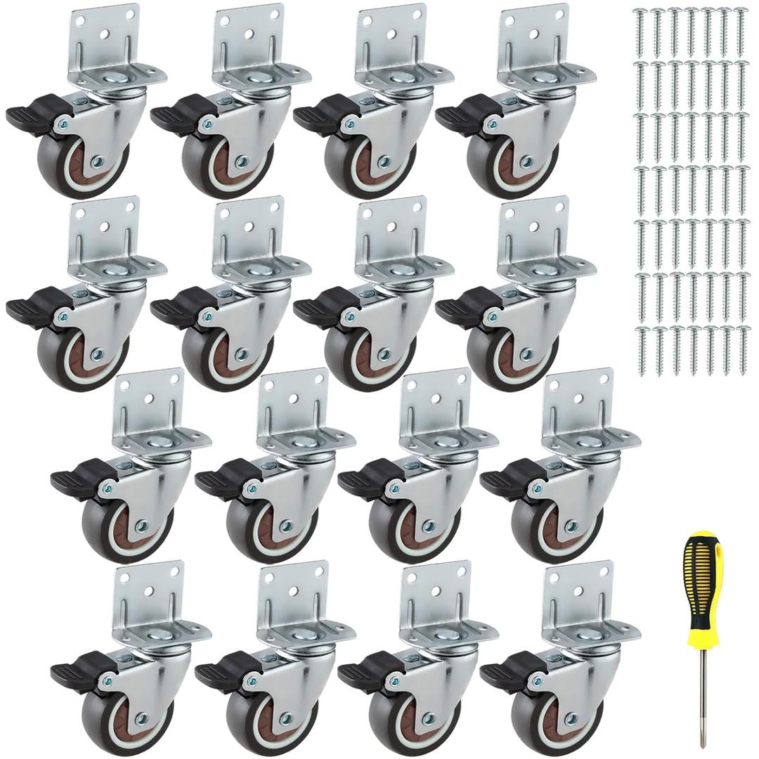 2 Inches Side Mount Caster Wheels Set of 16 L-Shaped Rubber Locking Swivel Casters Heavy-Duty Double Plate Castor with Brake Industrial Metal Wheels for Workbench, Furniture, Cabinet, Woodbox