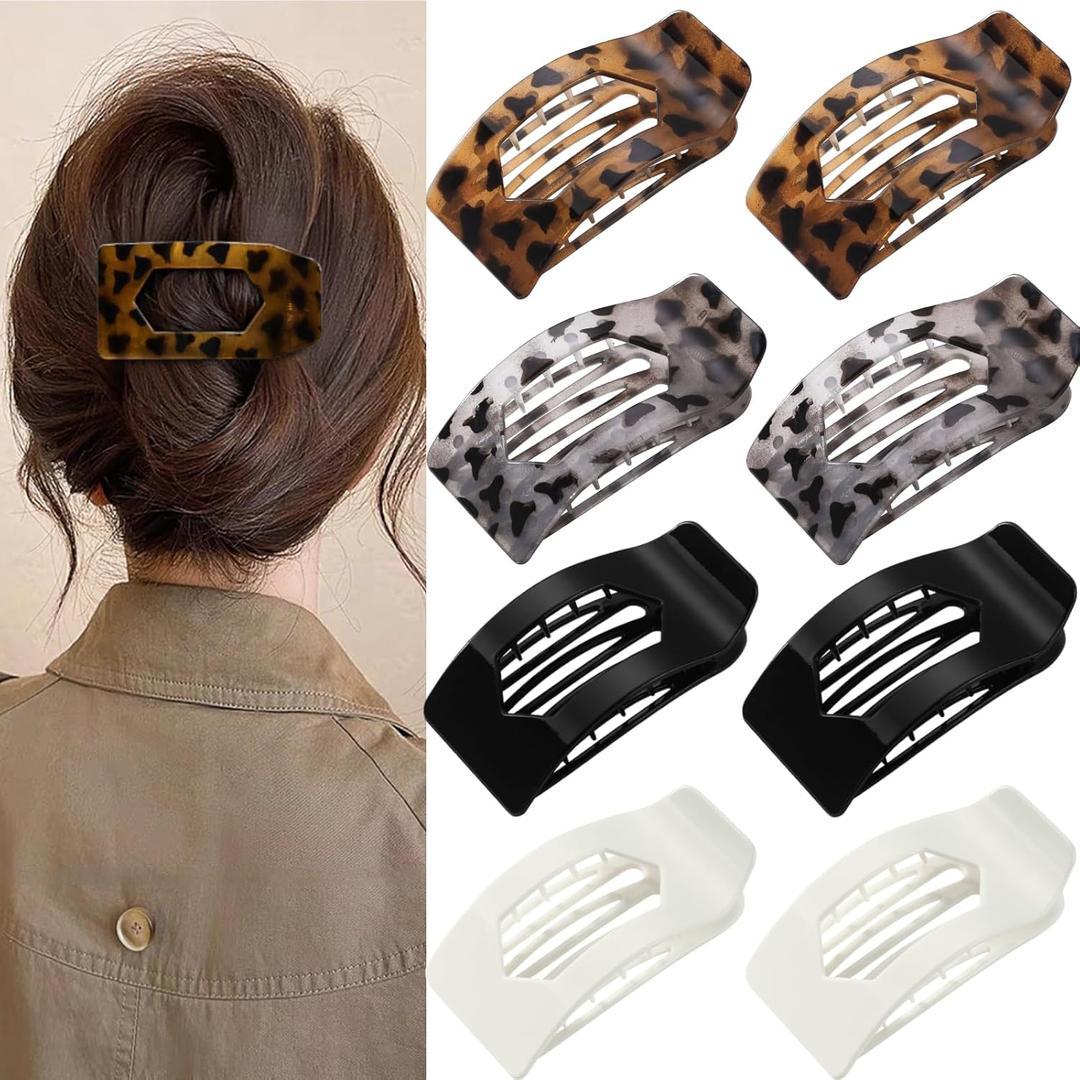 8 Pack Tortoiseshell Flat Hair Clips for Women – Large Neutral Glossy No-Slip Rectangle Claw Clips for Thick & Thin Hair, Strong Hold Square Hair Accessories, Chic Neutral Leopard Pattern