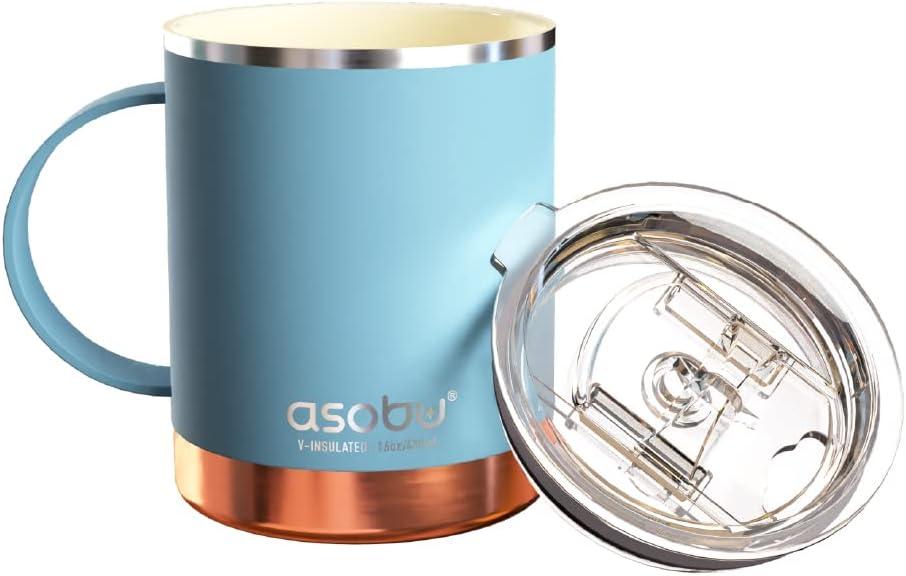 asobu Ultimate Ceramic Travel Mug, 12oz Insulated Stainless Steel Coffee Cup with Handle & Splash-Resistant Lid, Ceramic Lined for Pure Taste, BPA-Free, Double-Wall Vacuum for Hot Drinks (Baby Blue)