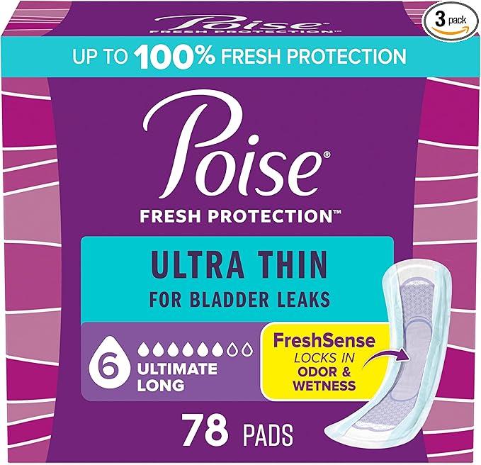 Poise Ultra Thin Incontinence Pads & Postpartum Pads for Bladder Leaks, 6 Drop Ultimate Absorbency, Long Length, 78 Count
