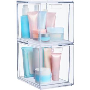 STORi Audrey Stackable Bin Clear Plastic Organizer Drawers | 2 Piece Set | Organize Cosmetics and Beauty Supplies on a Vanity | Made in USA (6.75" Tall)